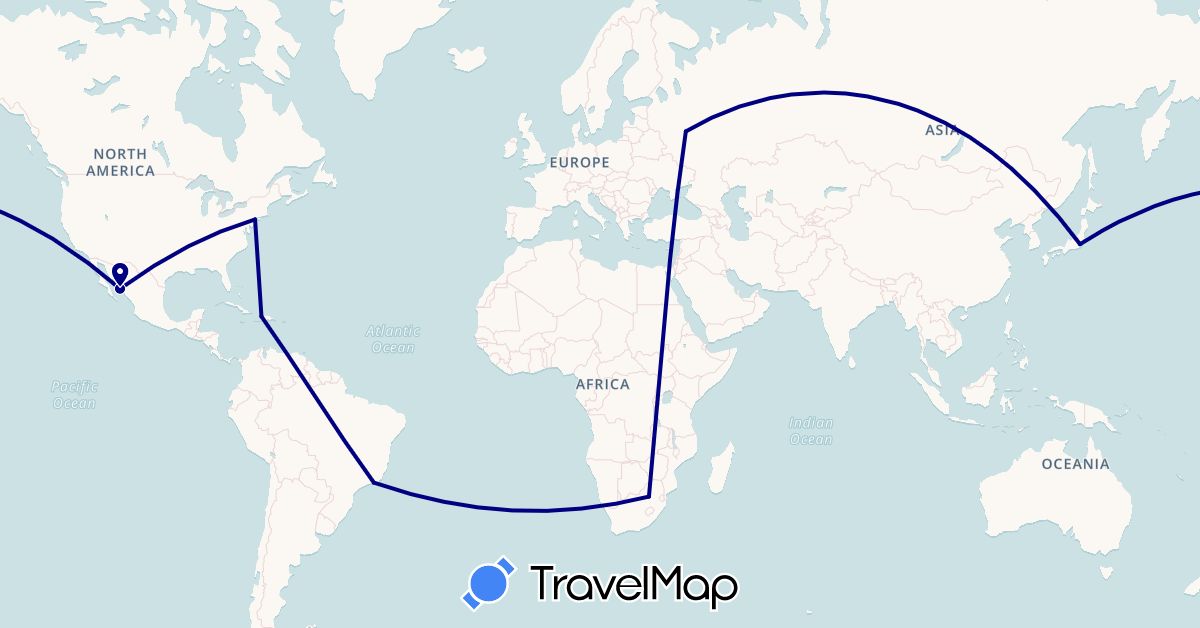 TravelMap itinerary: driving in Brazil, Haiti, Japan, Mexico, Russia, United States, South Africa (Africa, Asia, Europe, North America, South America)
